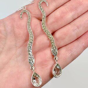 Snake Earrings, Sterling Silver, Quartz, Faceted Stone, 3" Long, Statement